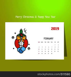 2019 Happy New year February Calendar Template. Christmas Background