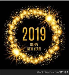 2019 Happy New Year glowing gold background. Vector illustration