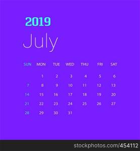 2019 Happy New year July Calendar Template. Christmas Background