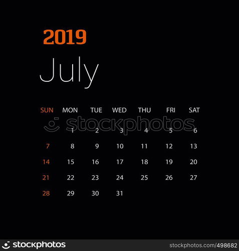 2019 Happy New year July Calendar Template. Christmas Background