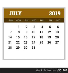 2019 Happy New year July Calendar Template. Christmas Background