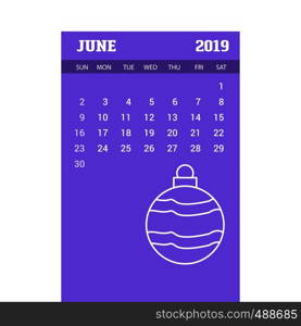 2019 Happy New year June Calendar Template. Christmas Background