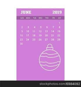 2019 Happy New year June Calendar Template. Christmas Background