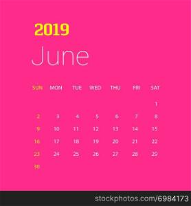 2019 Happy New year June Calendar Template. Christmas Background