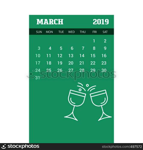 2019 Happy New year March Calendar Template. Christmas Background
