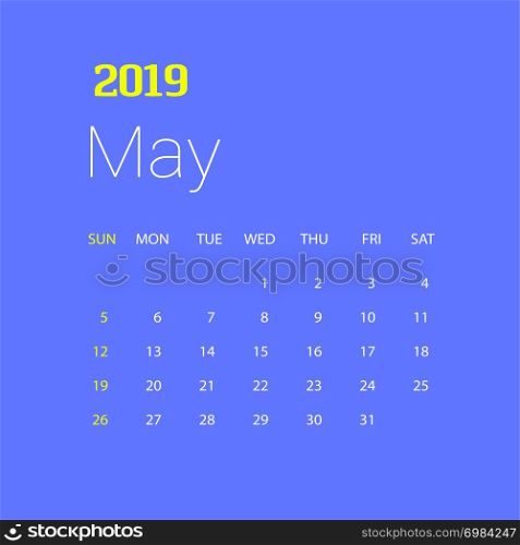 2019 Happy New year May Calendar Template. Christmas Background