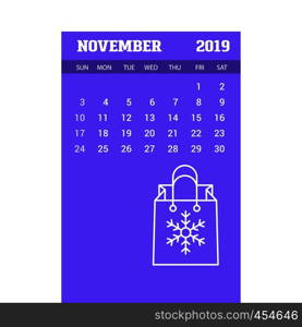 2019 Happy New year November Calendar Template. Christmas Background