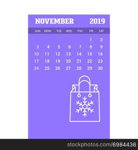 2019 Happy New year November Calendar Template. Christmas Background