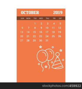 2019 Happy New year October Calendar Template. Christmas Background