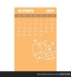 2019 Happy New year October Calendar Template. Christmas Background