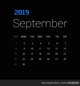 2019 Happy New year September Calendar Template. Christmas Background