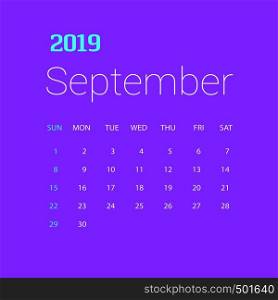 2019 Happy New year September Calendar Template. Christmas Background