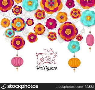 2019 Happy New Year template, floral paper cutting style decorative frame with pig and plum flower 