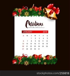 2019 January calendar design template of Christmas or New Year decoration