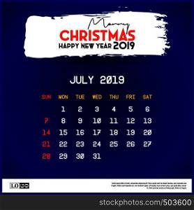 2019 July Calendar Template. merry Christmas and Happy new year blue background. Vector EPS10 Abstract Template background