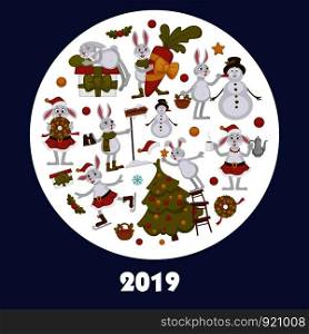 2019 New year celebration approaches, winter characters and symbols vector. Bunny animal skating on ice, presents and gifts, snowman with carrot nose. Fir decoration by rabbit wearing costume. 2019 New year celebration approaches, winter characters and symbols vector.