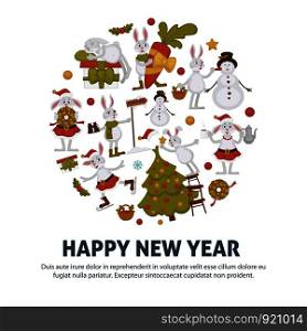 2019 New year celebration approaches, winter characters and symbols vector. Bunny animal skating on ice, presents and gifts, snowman with carrot nose. Fir decoration by rabbit wearing costume. 2019 New year celebration approaches, winter characters and symbols vector.