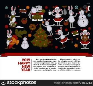 2019 New year celebration, bunny with snowman winter character vector. Rabbit drinking warm beverage, skating and carrying carrot. Decoration of Christmas tree, wreath symbol of holiday, pine. 2019 New year celebration, bunny with snowman winter character
