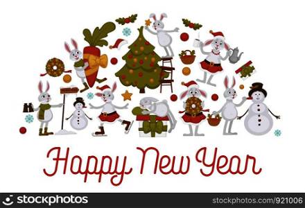 2019 New year celebration, bunny with snowman winter character vector. Rabbit drinking warm beverage, skating and carrying carrot. Decoration of Christmas tree, wreath symbol of holiday, pine. 2019 New year celebration, bunny with snowman winter character vector.