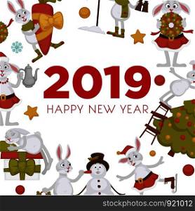 2019 New year celebration, bunny with snowman winter character vector. Rabbit drinking warm beverage, skating and carrying carrot. Decoration of Christmas tree, wreath symbol of holiday, pine. 2019 New year celebration, bunny with snowman winter character vector.