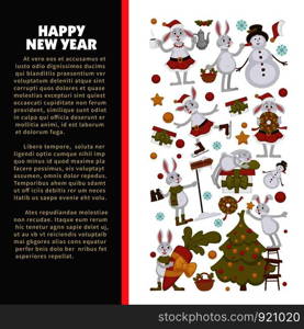 2019 New year celebration, bunny with snowman winter character vector. Rabbit drinking warm beverage, skating and carrying carrot. Decoration of Christmas tree, wreath symbol of holiday, pine. 2019 New year celebration, bunny with snowman winter character vector.