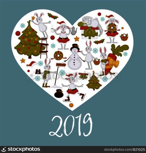 2019 new year celebration, symbols bunny character decorating snowman vector. Pine fir evergreen tree decorating by rabbit wearing santa claus costume. Winter hare skating on ice with carrot. 2019 new year celebration, symbols bunny character decorating snowman vector.