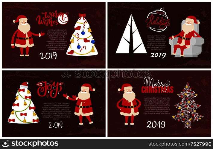 2019 New Year holiday greeting cards. Vector postcards sample with decorated Xmas tree topped by hat with bows, socks and garlands, Santa Claus and lettering. 2019 New Year Holiday Greeting Cards Santa, Tree