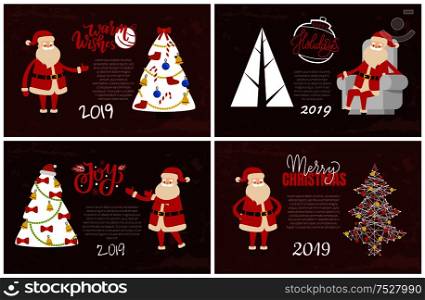 2019 New Year holiday greeting cards. Vector postcards sample with decorated Xmas tree topped by hat with bows, socks and garlands, Santa Claus and lettering. 2019 New Year Holiday Greeting Cards Santa, Tree