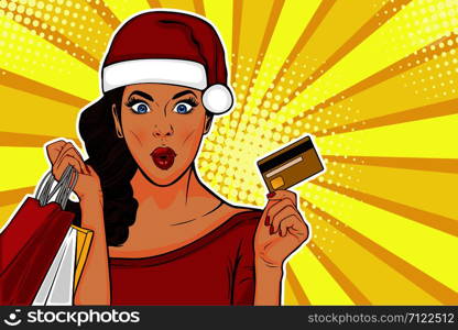 2019 New Year sales postcard or greeting card. WOW sexy young girl with bags and credit card. Vector illustration in pop art retro comic style