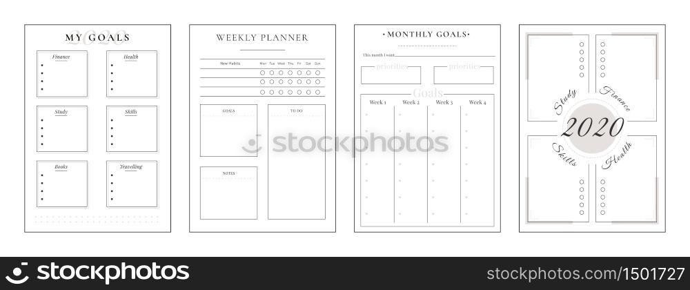 2020 annual goals minimalist planner page set. Spread for finance goal. Life category to write resolution notes. Monthly personal organizer printable sheet layout. Vertical insert for diary. 2020 annual goals minimalist planner page set