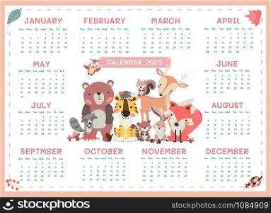 2020 calendar a3 size cute woodland animal minimalism yearly