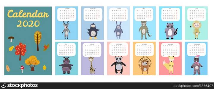 2020 Calendar Cute Animals Characters. Monthly Vector illustration. 2020 Calendar Cute Animals Characters. Monthly Vector illustration Isolated Scandinavian Style