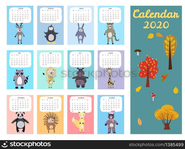 2020 Calendar Cute Animals Characters Scandinavian Style. 2020 Calendar Cute Animals Characters. Monthly Vector illustration Isolated Scandinavian Style