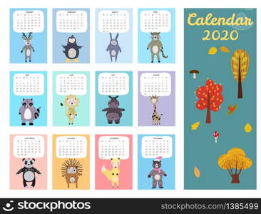 2020 Calendar Cute Animals Characters Scandinavian Style. 2020 Calendar Cute Animals Characters. Monthly Vector illustration Isolated Scandinavian Style