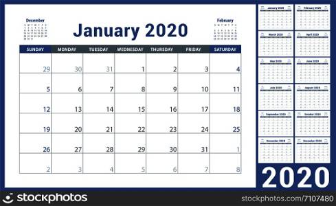 2020 calendar design. English planner. ?olor vector template. Week starts on Sunday. Business planning. New year calender. Clean minimal table
