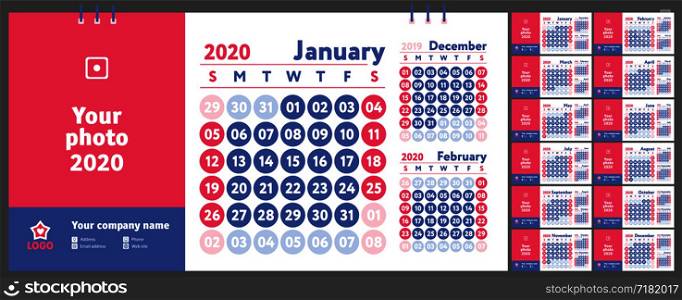 2020 calendar. English calender. Color vector template. Week starts on Sunday. Business planning. New year planner. Design