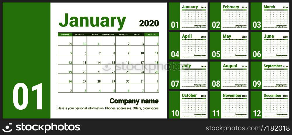 2020 calendar. English calender. Color vector template. Week starts on Sunday. Business planning. New year planner. Design