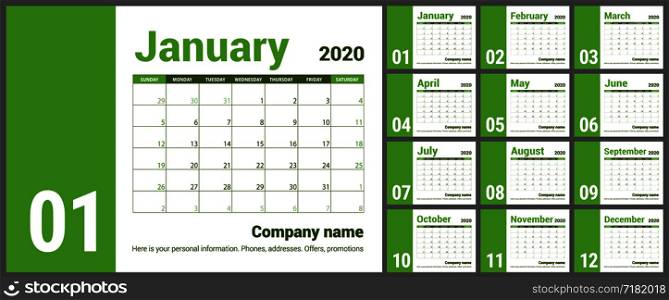 2020 calendar. English calender. Color vector template. Week starts on Sunday. Business planning. New year planner. Design