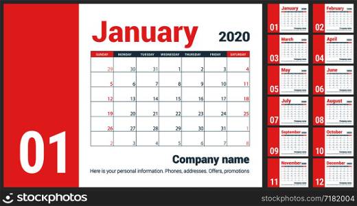 2020 calendar. English calender. Red color vector template. Week starts on Sunday. Business planning. New year planner. Clean minimal table. Simple design