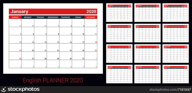 2020 calendar. English planner. ?olor vector template. Week starts on Sunday. Business planning. New year calender. Clean minimal table. Simple design