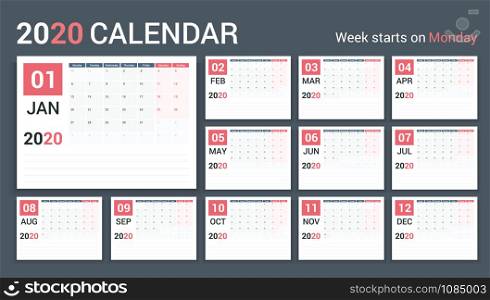 2020 Calendar-planner template, planner, 12 pages, week starts on Monday, vector eps10 illustration. 2020 Calendar - Planner