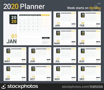 2020 Calendar-planner template, planner, 12 pages, week starts on Monday, vector eps10 illustration. 2020 Calendar - Planner