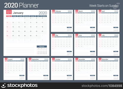 2020 Calendar-planner template, planner, 12 pages, week starts on Sunday, vector eps10 illustration. 2020 Calendar - Planner