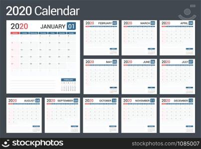 2020 Calendar-planner template, planner, 12 pages, week starts on Sunday, vector eps10 illustration. 2020 Calendar - Planner