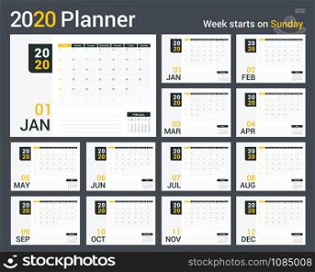 2020 Calendar-planner template, planner, 12 pages, week starts on Sunday, vector eps10 illustration. 2020 Calendar - Planner