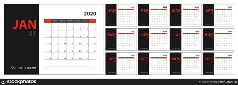 2020 calendar planning. English planner. ?olor vector template. Week starts on Sunday