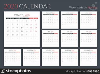 2020 Calendar template, 12 pages, week starts on Monday, vector eps10 illustration. 2020 Calendar