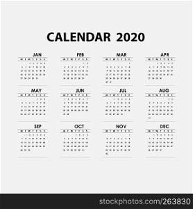 2020 Calendar Template.Calendar 2020 Set of 12 Months.Yearly calendar vector design stationery template.Vector illustration.