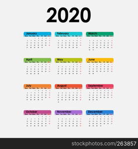 2020 Calendar Template.Calendar 2020 Set of 12 Months.Yearly calendar vector design stationery template.Vector illustration.