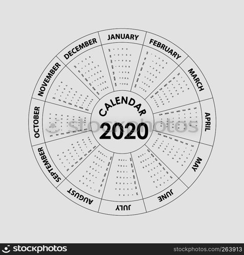 2020 Calendar Template.Calendar 2020 Set of 12 Months.Yearly calendar vector design stationery template.Vector illustration.